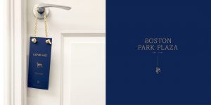 guest room DND do not disturb door hanger design for iconic Boston Park Plaza hotel, contemporary brand logo