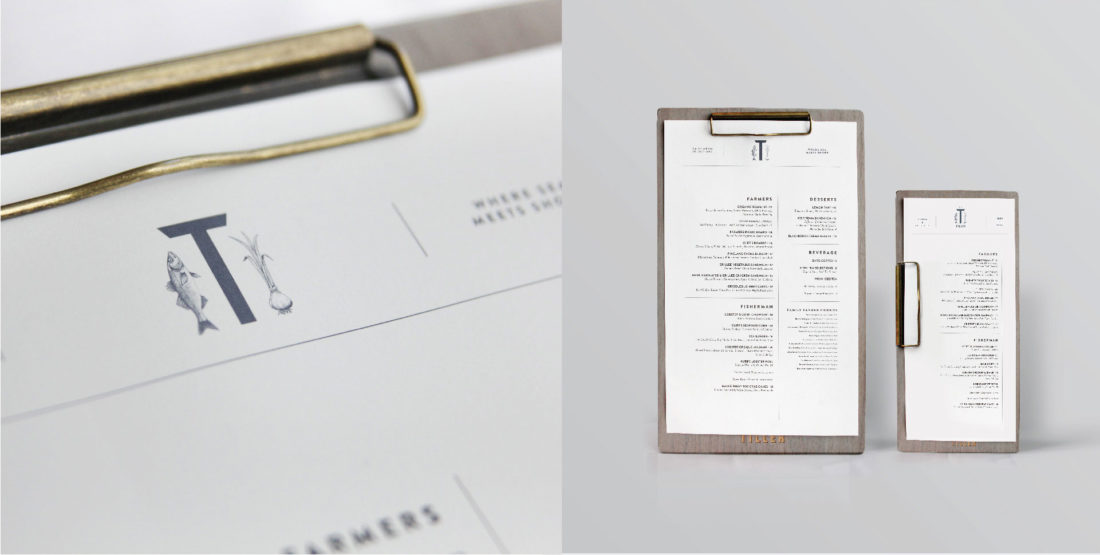 wood wooden menu board with bronze clip, contemporary layout design by Stellabean branding agency in NY