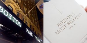 hotel entrance logo sign, outdoor signage for Boston Park Plaza, guest room key card sleeve with chiseled font