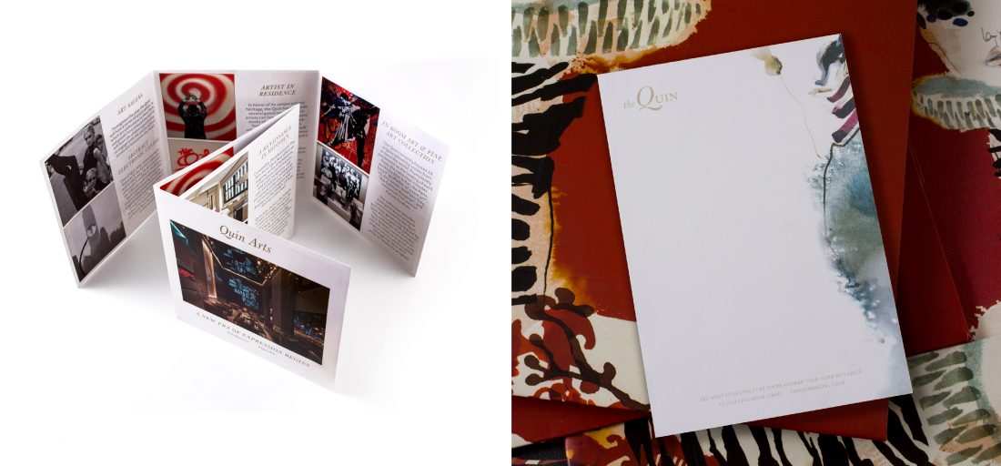 printed collateral for Quin Arts program, trifold tri fold brochure design, guest room notepad note pad at hotel