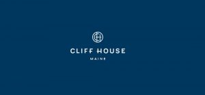 Cliff House Maine modern logo on blue background, brand color palette and design by creative services agency