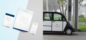 branded print collateral, stationery design, notepad, note paper, letterhead, luggage tag, resort vehicle with logo
