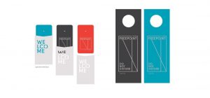 hotel key cards in bold colors, key sleeves with unique die cut cutout, do not disturb guest room door hanger