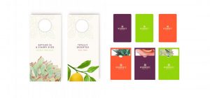 macro botanical photography on hotel do not disturb DND door hangers, key cards in vibrant color palette
