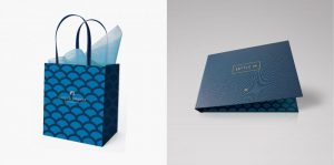 custom branded gift bag, hotel brand logo, modern graphic design patterns, guest room collateral production