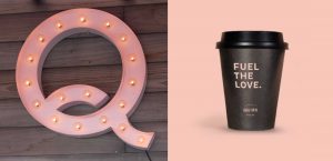 hospitality brand collateral, innovative sign with lights for hotel restaurant, creative to go cup design for cafe