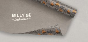 creative logo by branding agency, food wrap packaging, custom printed grey wrapping paper design