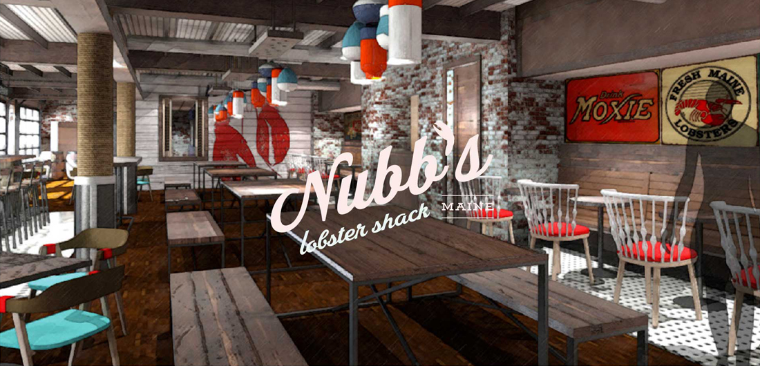 interior and custom logo design for Nubb's Lobster Shack at Cliff House resort in Cape Neddick, Maine