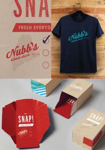 hotel restaurant logo with retro font and lobster claw on t-shirt, typography and packaging by branding agency