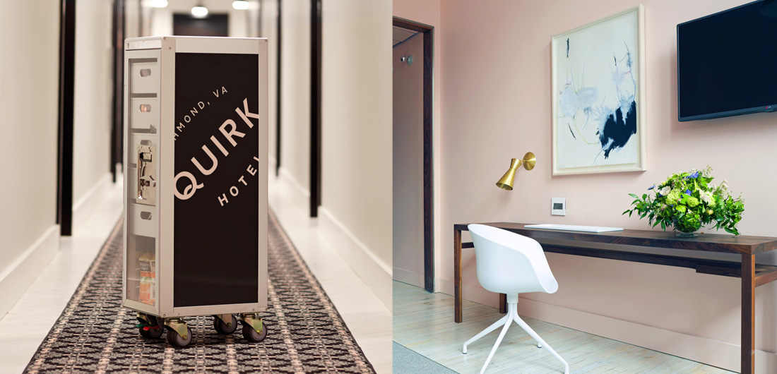 branded beverage cart in hallway, Quirk Hotel light pink custom logo, artsy guest room with wall art illustration
