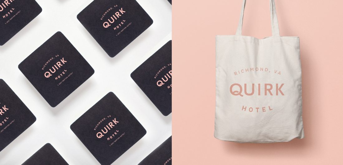 print collateral, black square business cards with rounded corners, tote bag with custom logo design