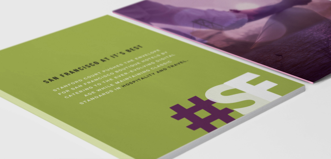 California hotel brand collateral design with bold color palette and hashtag graphic by creative services agency