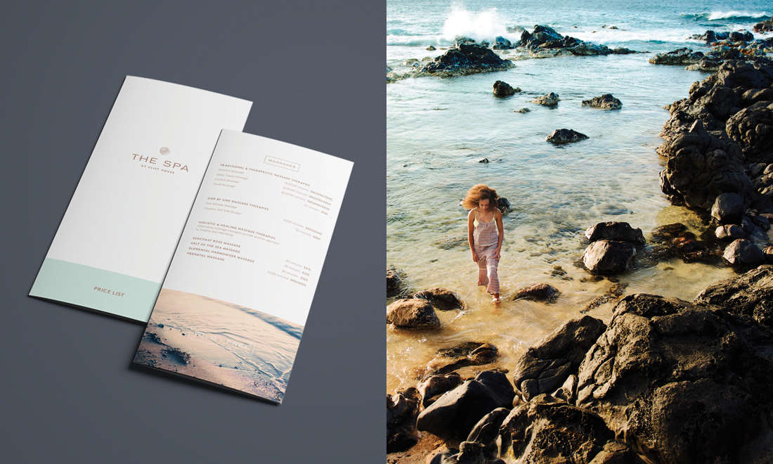 bi-fold spa brochure layout with custom logo in muted color palette, woman walking around Maine ocean rocks